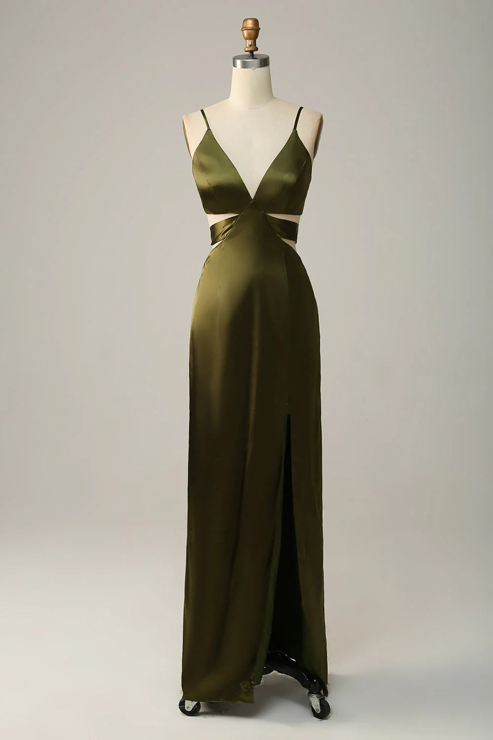 Olive Green Satin Sheath/column Floor-Length Dress with V-Neck, Backless & High Slit