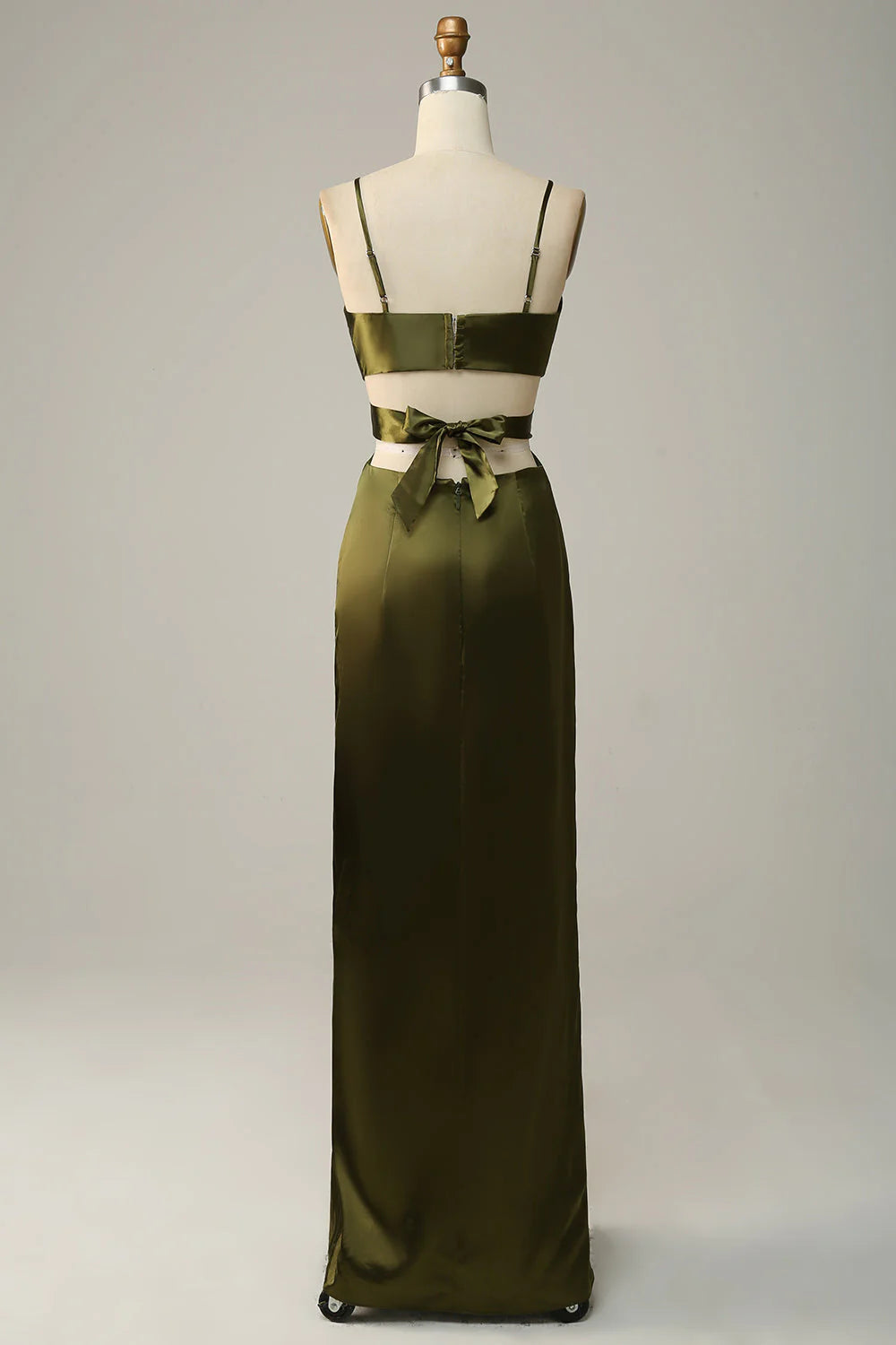 Olive Green Satin Sheath/column Floor-Length Dress with V-Neck, Backless & High Slit