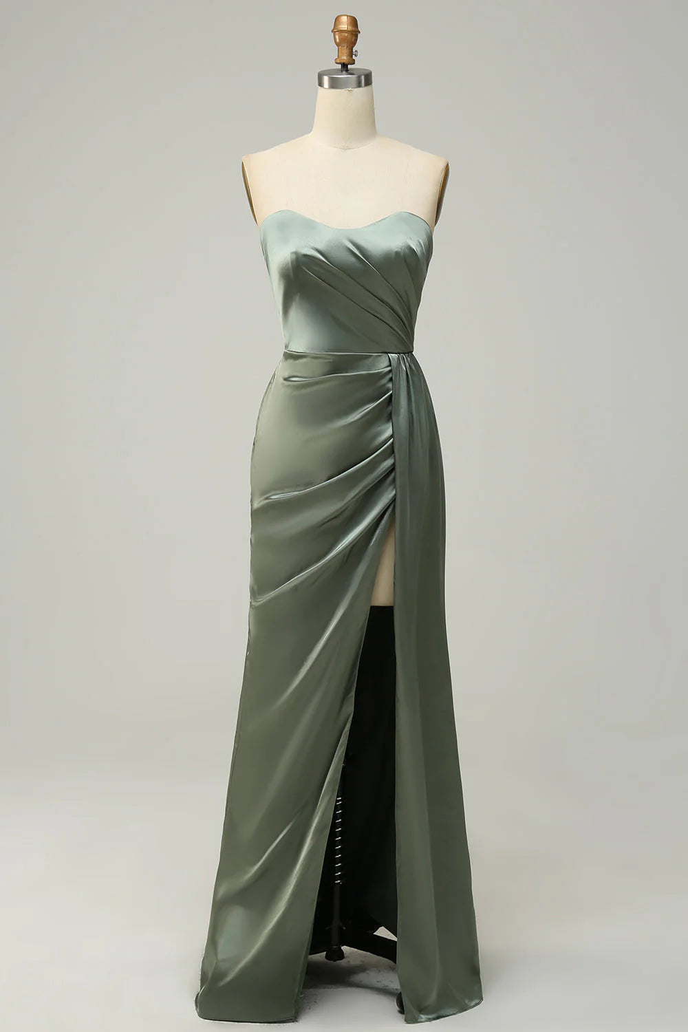 Sage Green Satin Sweetheart Floor-Length Sheath Bridesmaid Dress with High Slit