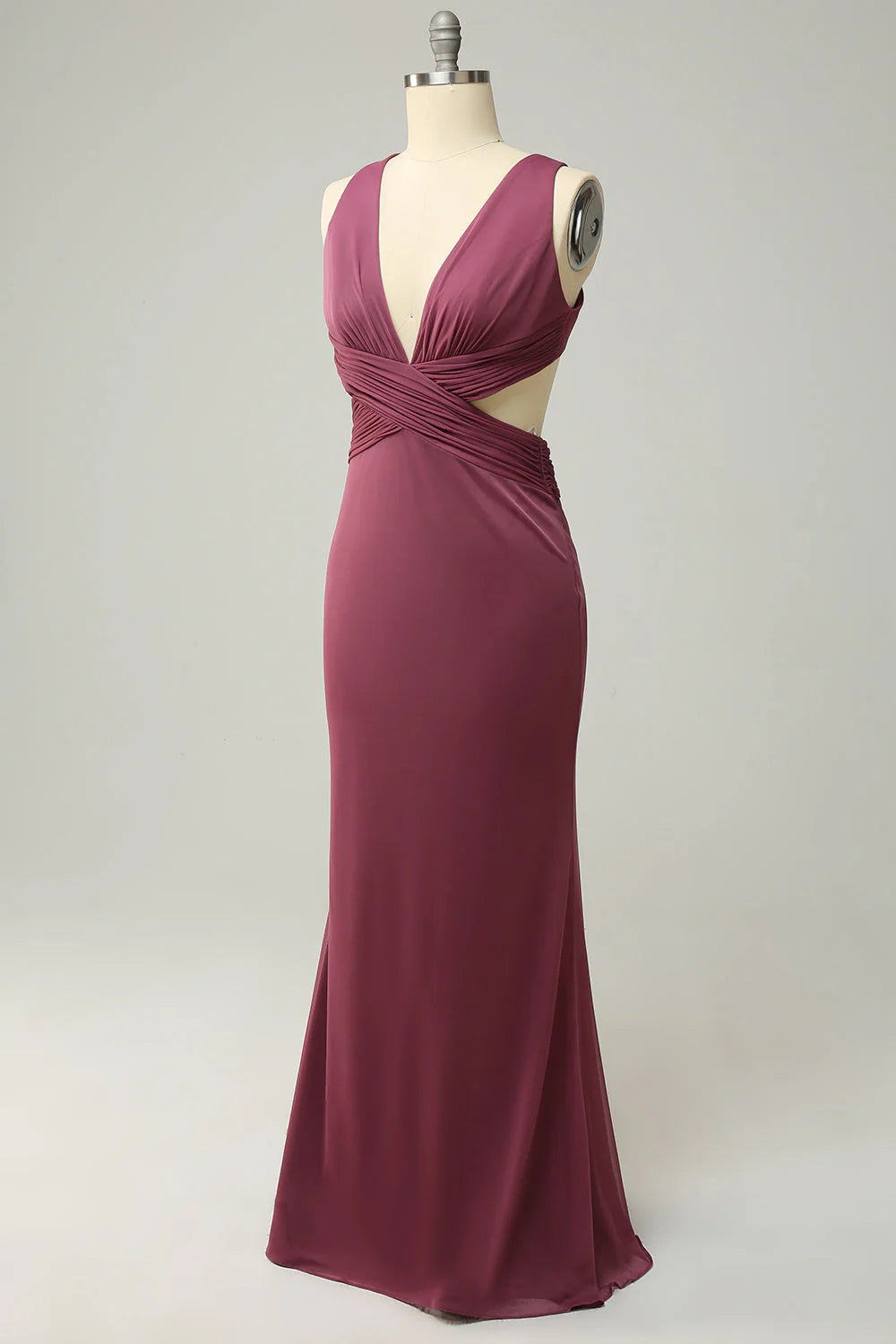 Vestido de dama de honor largo, extragrande, con escote en V profundo y ajustado, color rosa del desierto, con abertura frontal