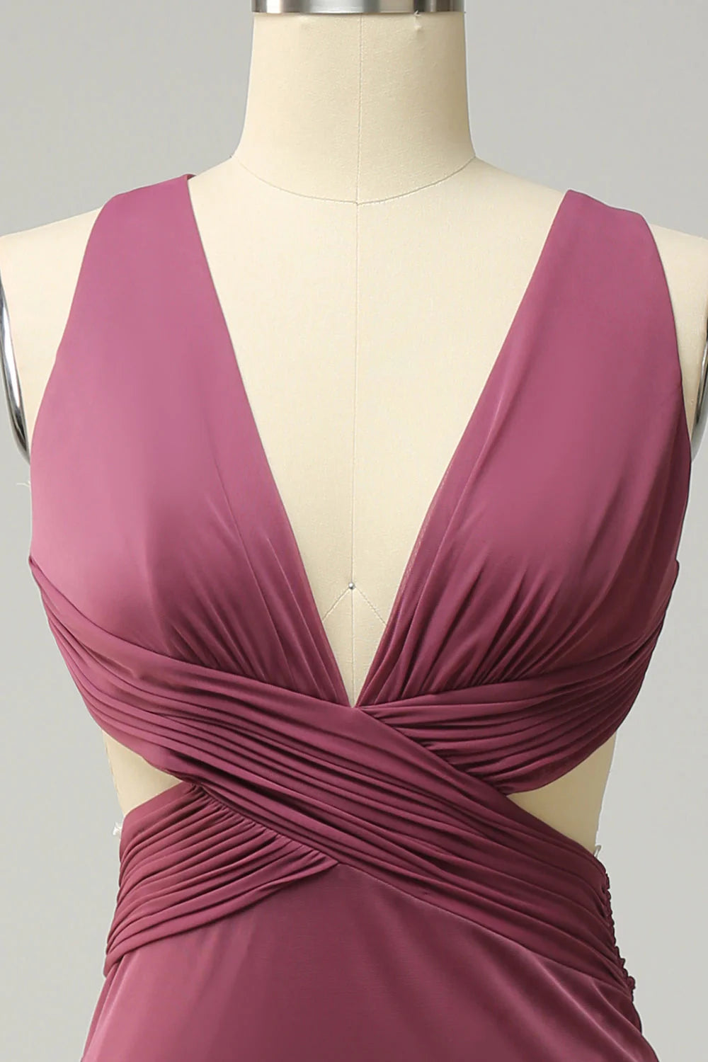 Vestido de dama de honor largo, extragrande, con escote en V profundo y ajustado, color rosa del desierto, con abertura frontal