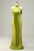 Green Satin Halter Neckline Sheath/column Floor-Length Bridesmaid Dress
