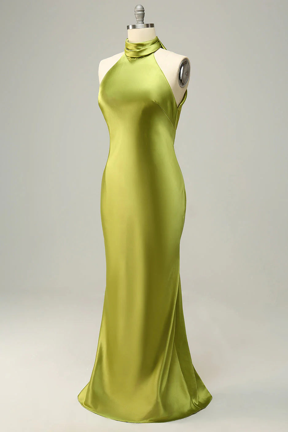 Green Satin Halter Neckline Sheath/column Floor-Length Bridesmaid Dress