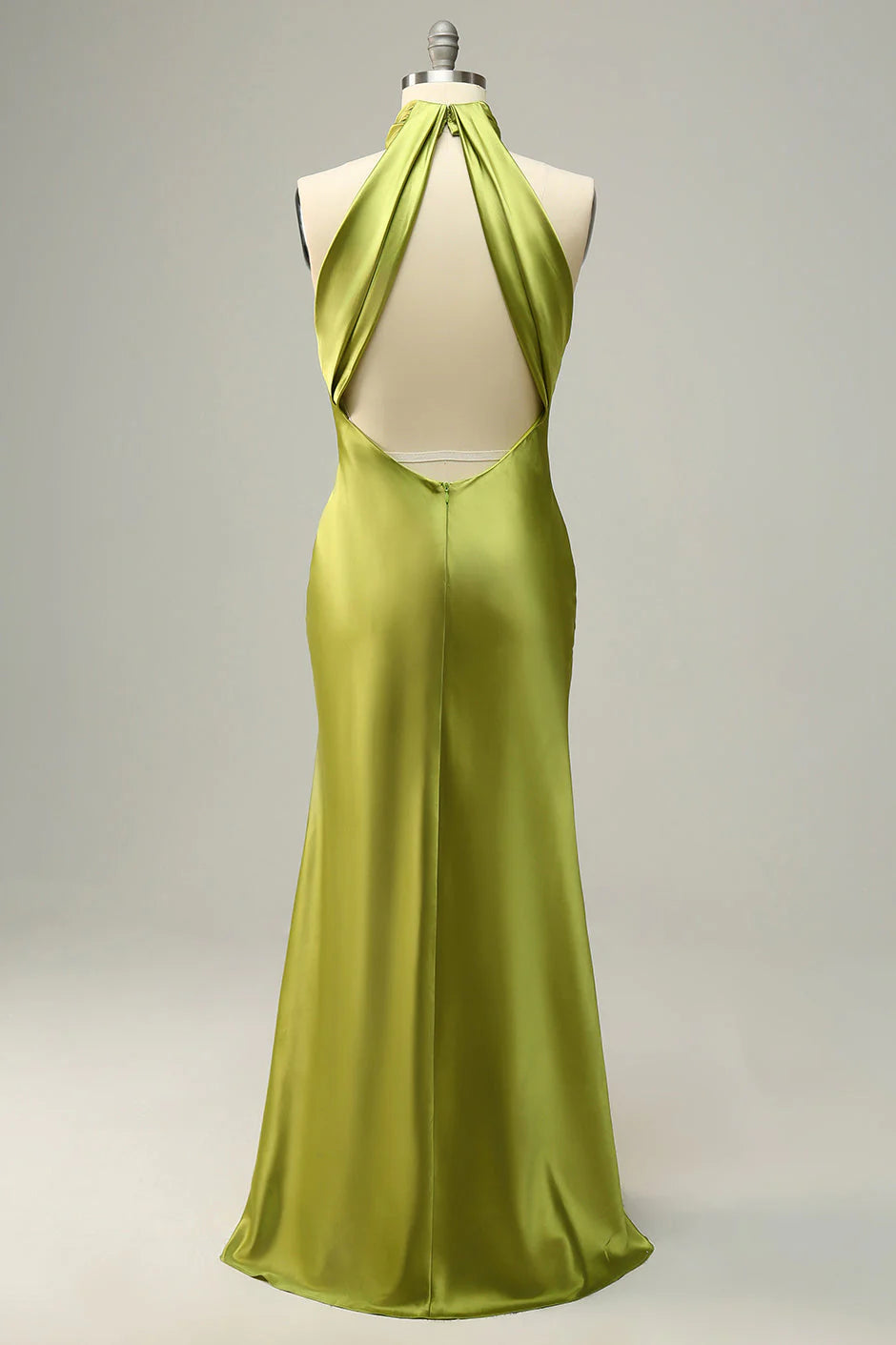 Vestido largo de dama de honor verde limón con escote colgante y espalda descubierta