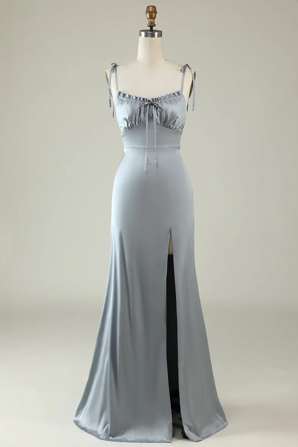 Dusty Blue Satin Sheath/Column Floor-Length Dress – Sweetheart Neckline, Ruched Bodice, Open Back & High Slit for Bridesmaids & Formal Events