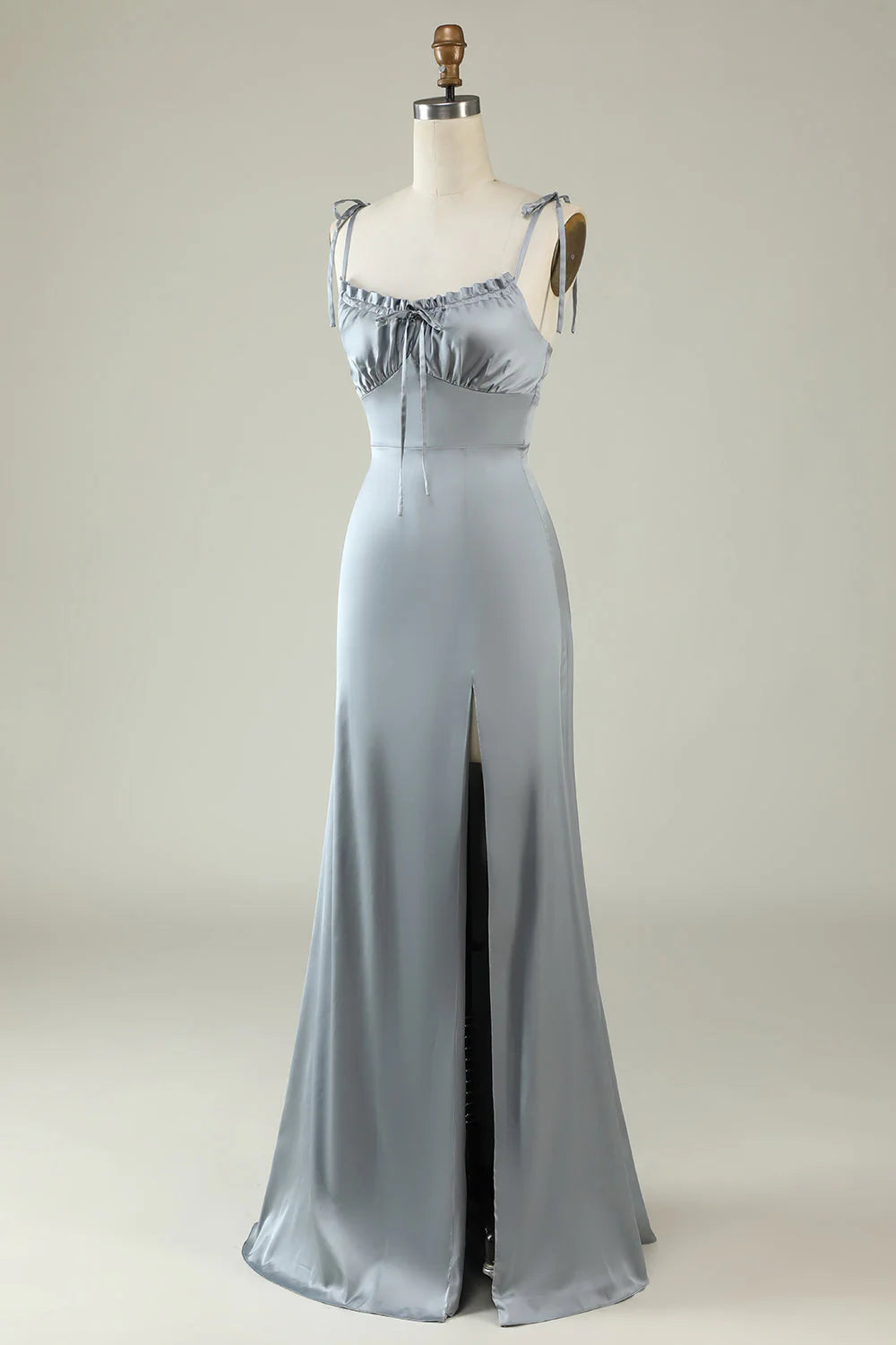 Dusty Blue Satin Sheath/Column Floor-Length Dress – Sweetheart Neckline, Ruched Bodice, Open Back & High Slit for Bridesmaids & Formal Events