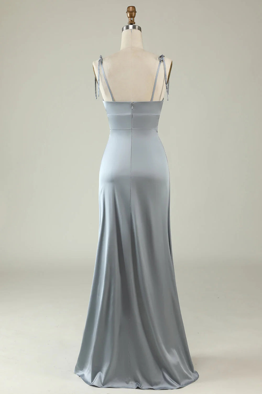 Dusty Blue Satin Sheath/Column Floor-Length Dress – Sweetheart Neckline, Ruched Bodice, Open Back & High Slit for Bridesmaids & Formal Events