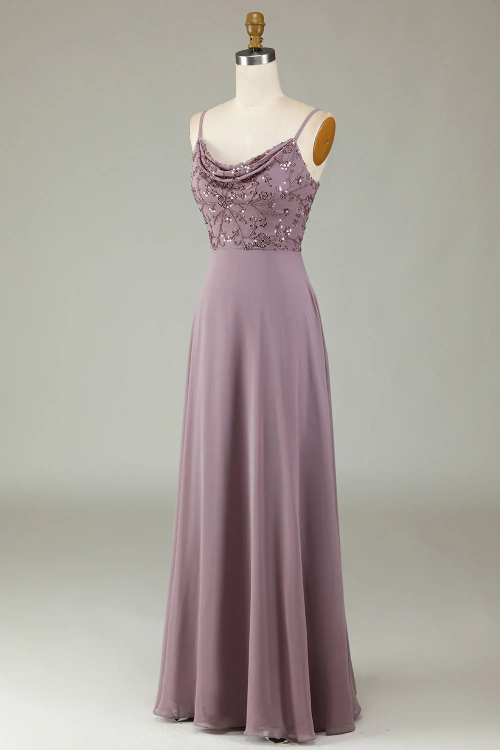 Lavender Chiffon A-Line Floor-Length Bridesmaid Dress with Beaded Cowl Neck