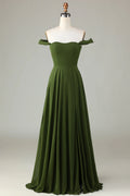 Olive Green Chiffon Off-the-Shoulder A-Line Floor-Length Dress
