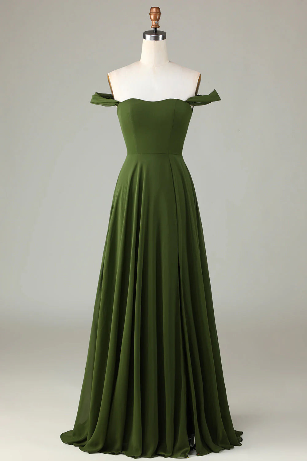 Olive Green Chiffon Off-the-Shoulder A-Line Floor-Length Dress