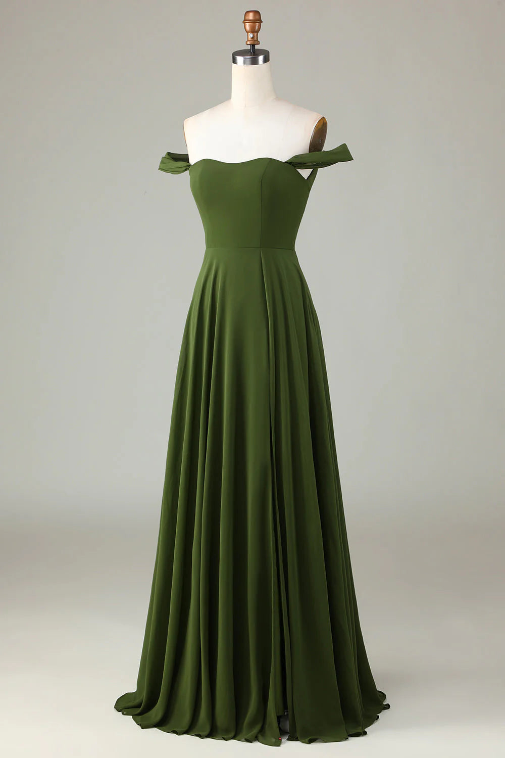Olive Green Chiffon Off-the-Shoulder A-Line Floor-Length Dress