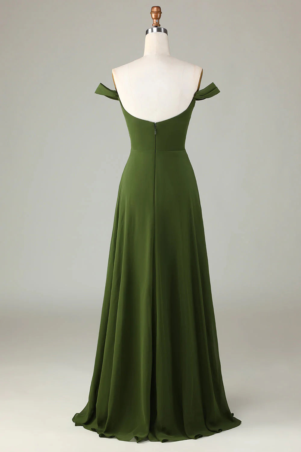 Olive Green Chiffon Off-the-Shoulder A-Line Floor-Length Dress