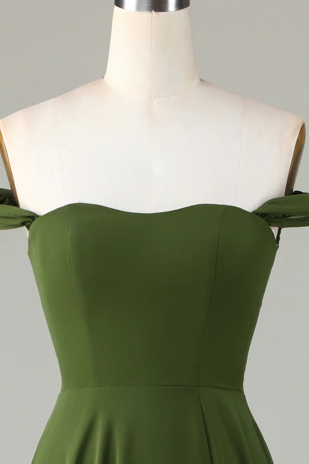 Olive Green Chiffon Off-the-Shoulder A-Line Floor-Length Dress