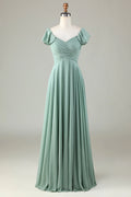 Sage Green A-Line Floor-Length Bridesmaid Dress with Off-the-Shoulder Neckline, Ruched Bodice & Flutter Sleeves