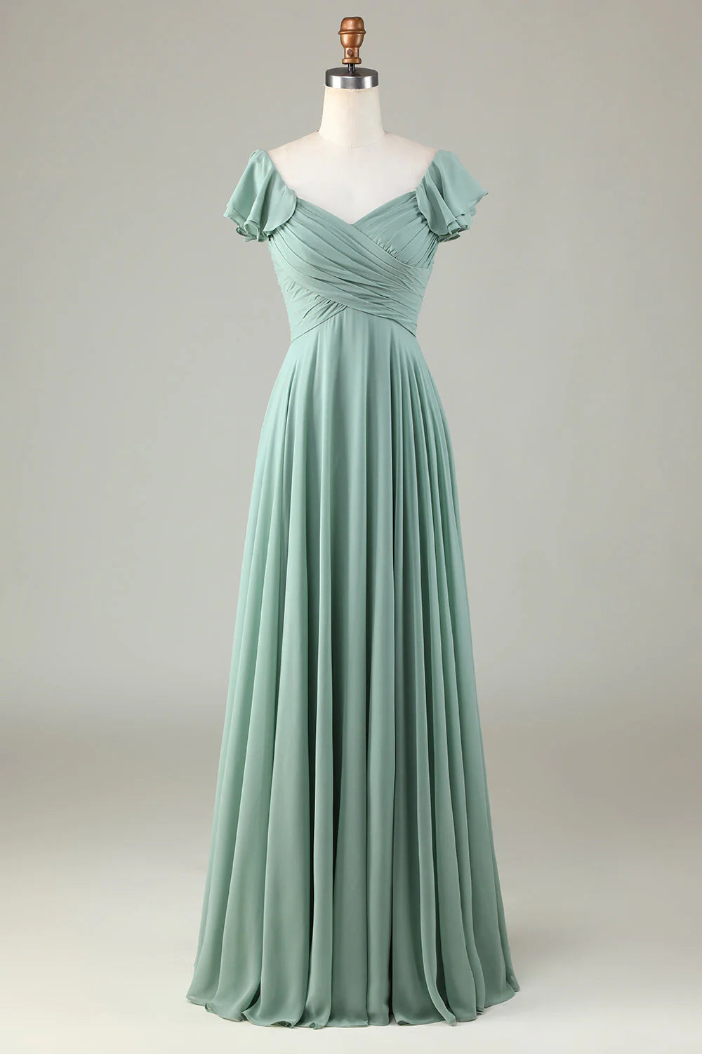 Sage Green A-Line Floor-Length Bridesmaid Dress with Off-the-Shoulder Neckline, Ruched Bodice & Flutter Sleeves