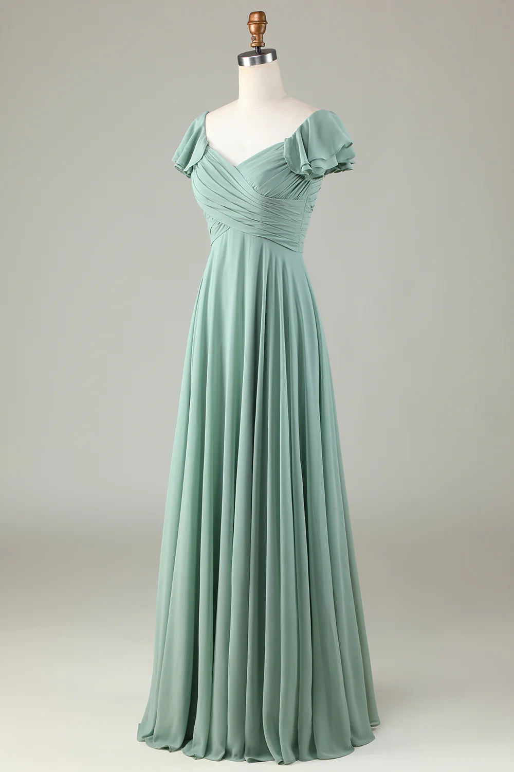 Sage Green A-Line Floor-Length Bridesmaid Dress with Off-the-Shoulder Neckline, Ruched Bodice & Flutter Sleeves