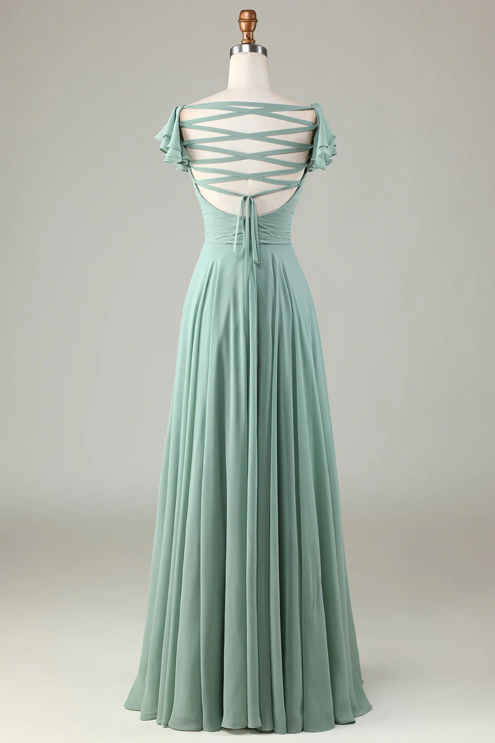 Sage Green A-Line Floor-Length Bridesmaid Dress with Off-the-Shoulder Neckline, Ruched Bodice & Flutter Sleeves