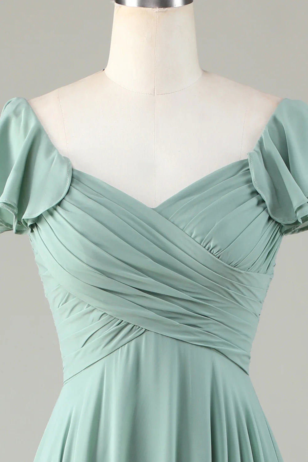 Sage Green A-Line Floor-Length Bridesmaid Dress with Off-the-Shoulder Neckline, Ruched Bodice & Flutter Sleeves