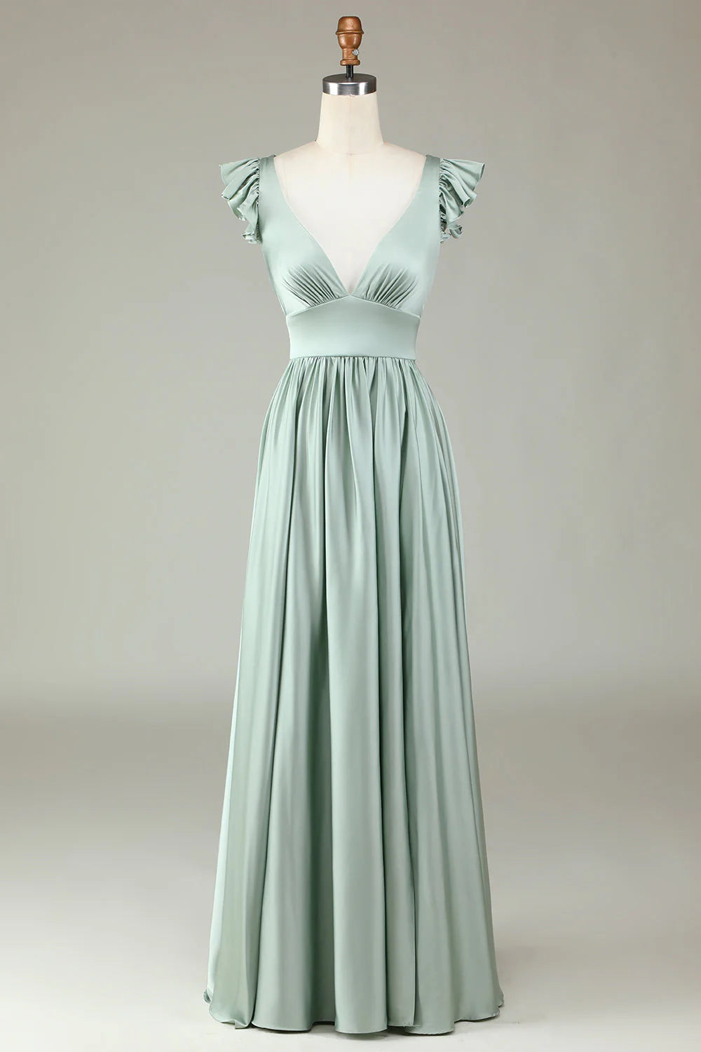 Dusty Sage Satin A-Line Floor-Length Bridesmaid Dress with V-Neck & Ruffled Sleeves