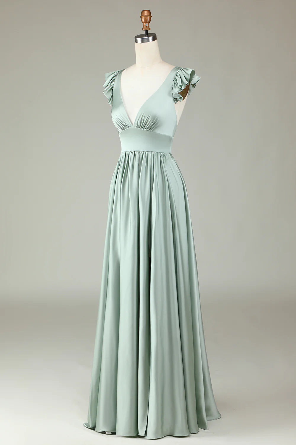 Dusty Sage Satin A-Line Floor-Length Bridesmaid Dress with V-Neck & Ruffled Sleeves