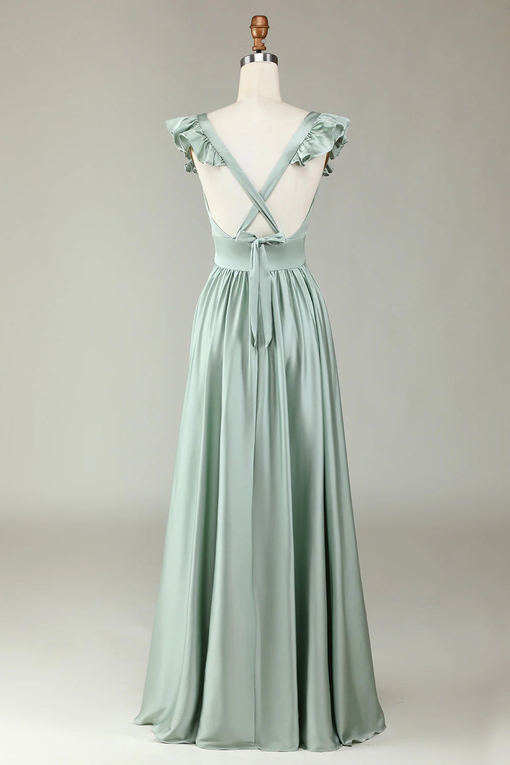 Dusty Sage Satin A-Line Floor-Length Bridesmaid Dress with V-Neck & Ruffled Sleeves