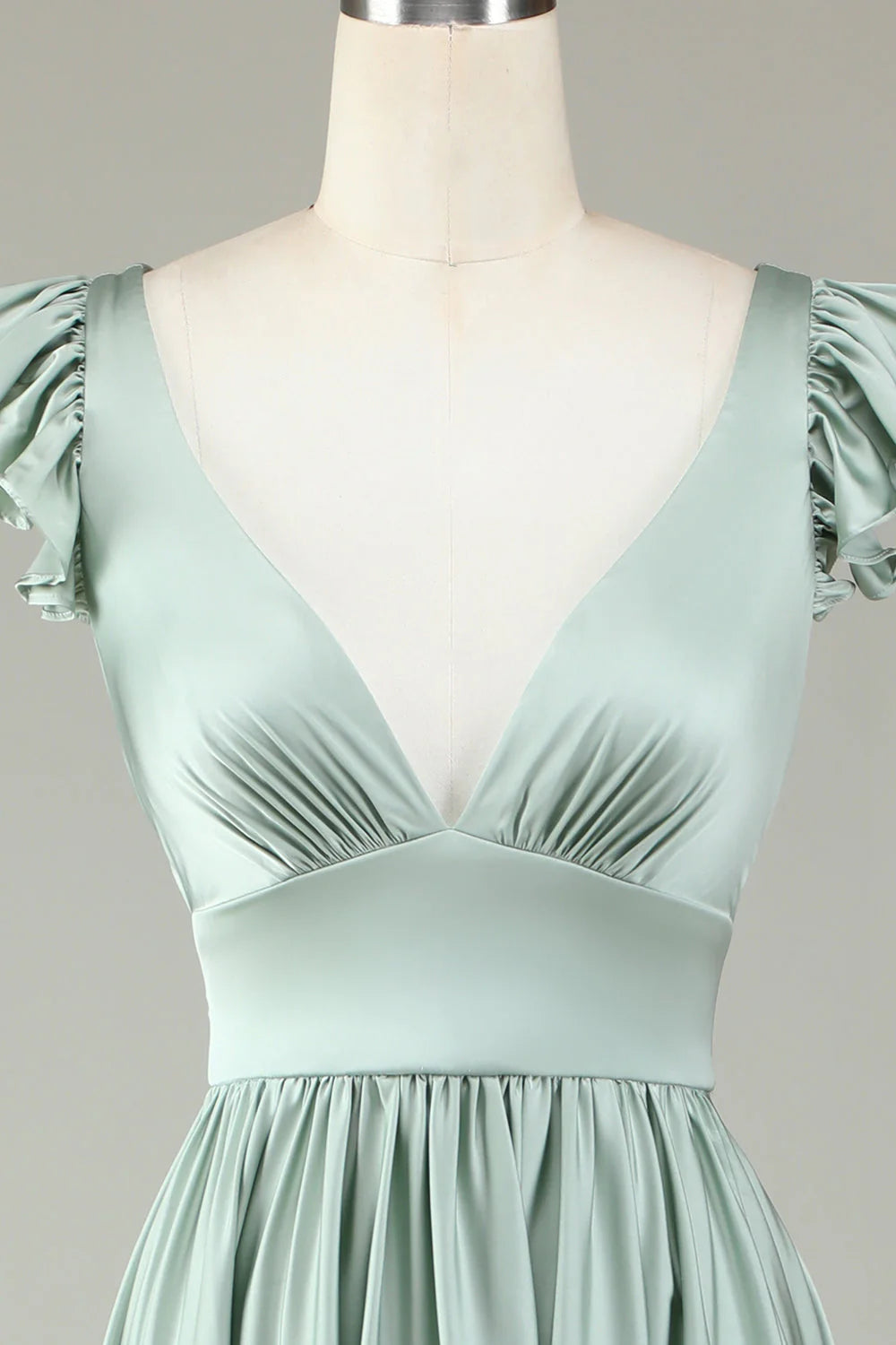 Dusty Sage Satin A-Line Floor-Length Bridesmaid Dress with V-Neck & Ruffled Sleeves