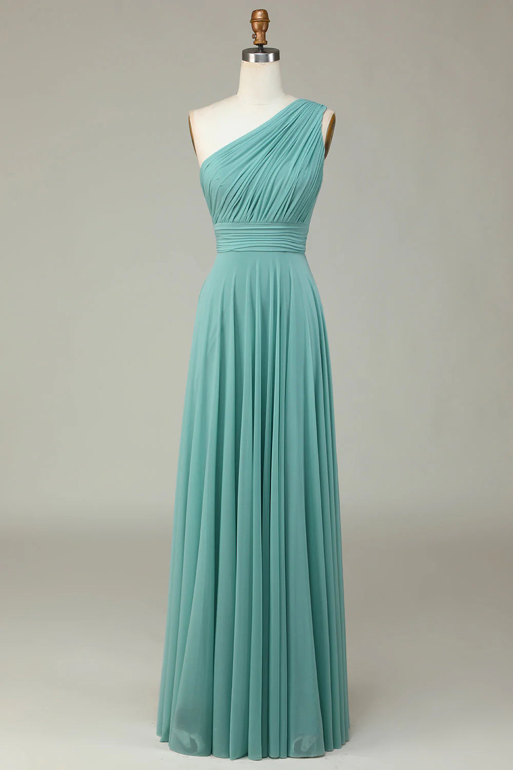 Dusty Sage Chiffon One Shoulder A-Line Floor-Length Dress with Ruched Bodice