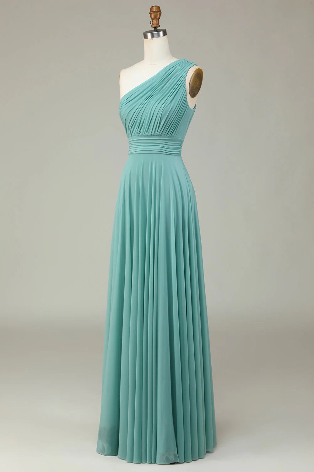Dusty Sage Chiffon One Shoulder A-Line Floor-Length Dress with Ruched Bodice