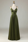 Olive Green Satin A-Line Floor-Length Bridesmaid Dress with Ruched Bodice