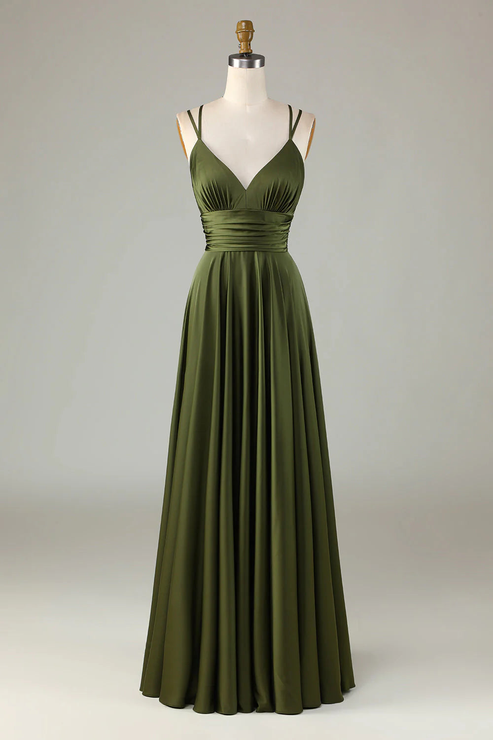 Olive Green Satin A-Line Floor-Length Bridesmaid Dress with Ruched Bodice