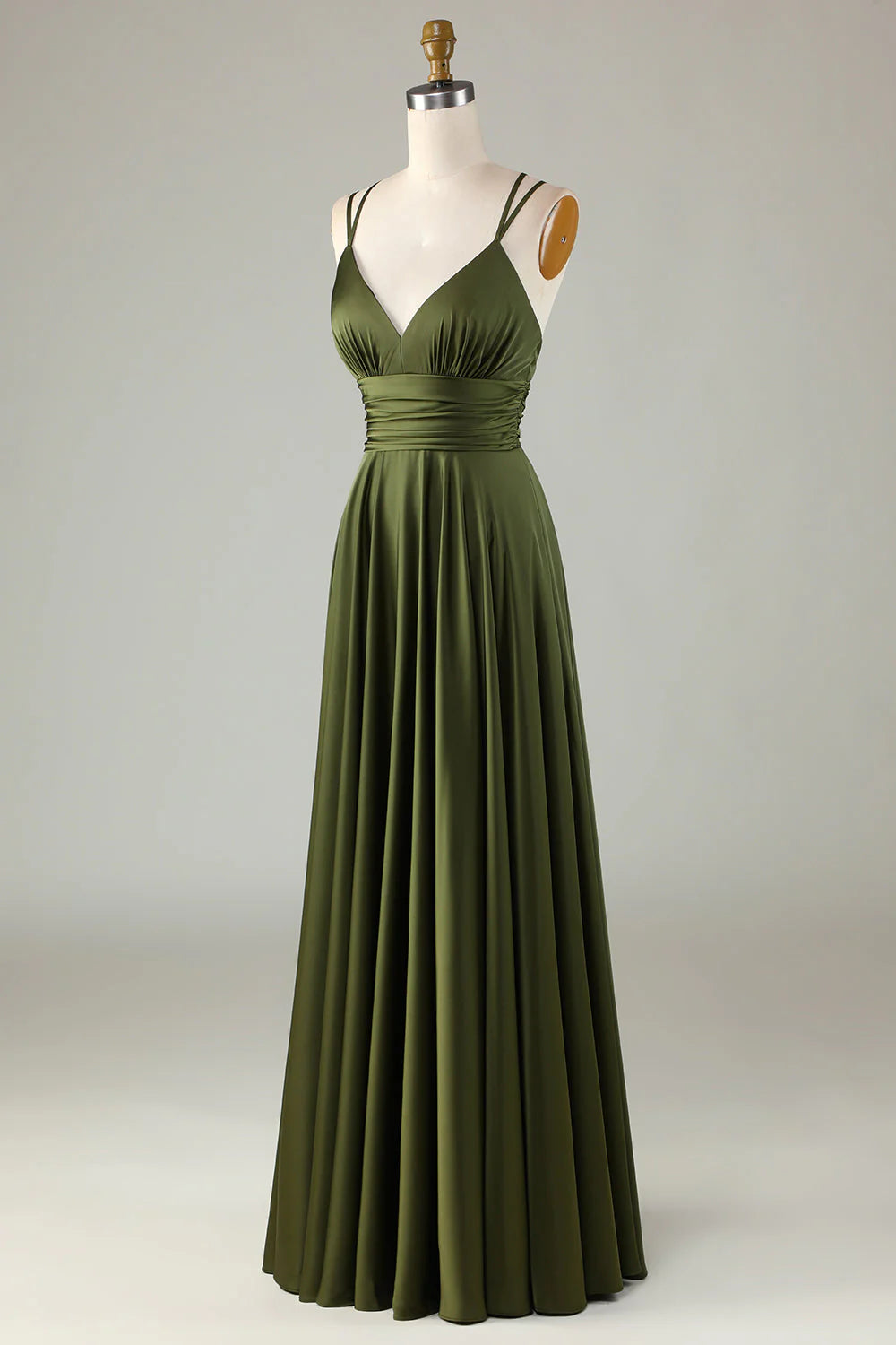 Olive Green Satin A-Line Floor-Length Bridesmaid Dress with Ruched Bodice