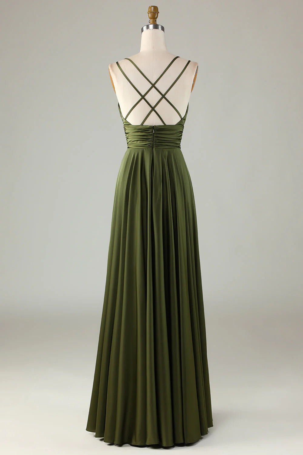 Olive Green Satin A-Line Floor-Length Bridesmaid Dress with Ruched Bodice