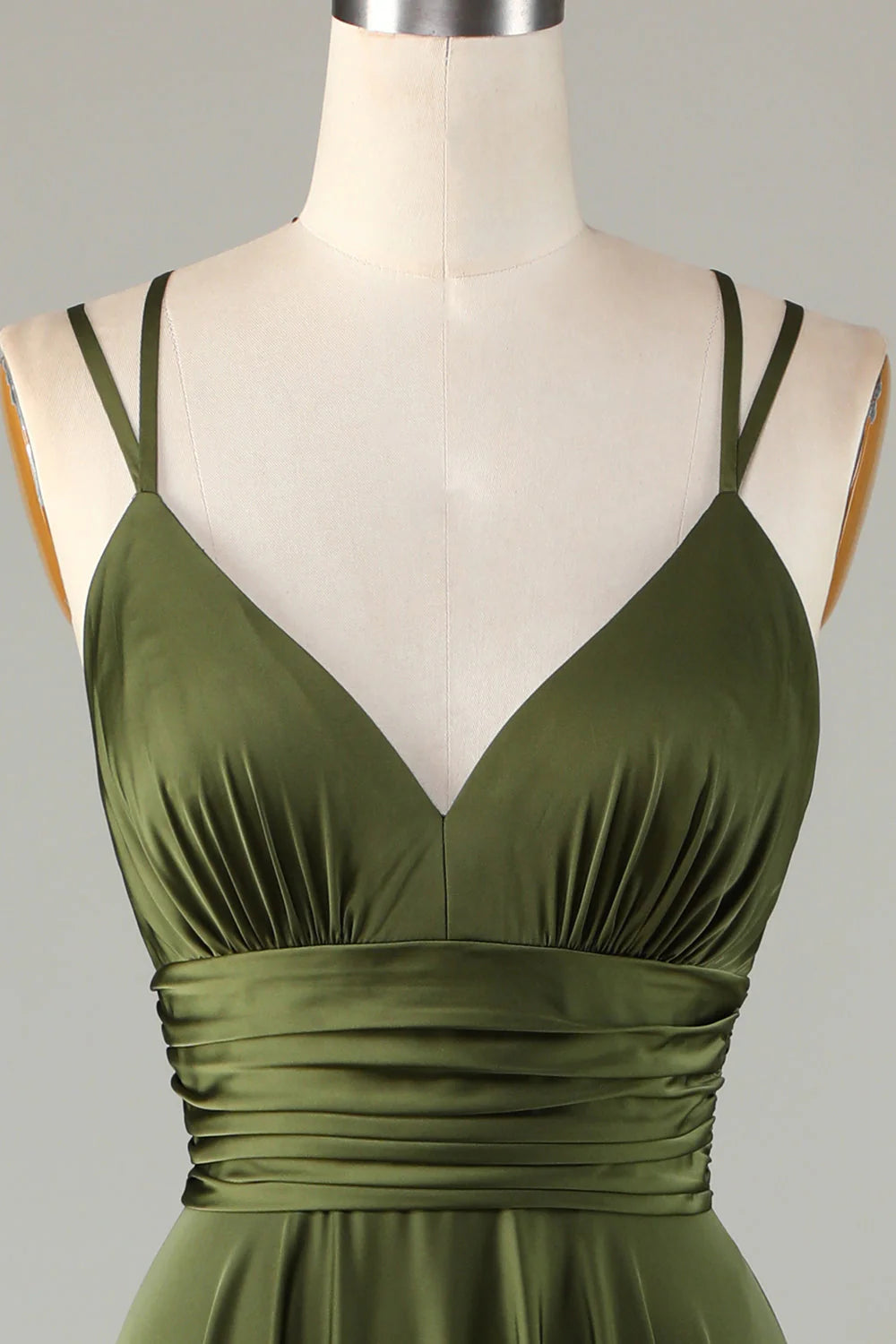 Olive Green Satin A-Line Floor-Length Bridesmaid Dress with Ruched Bodice