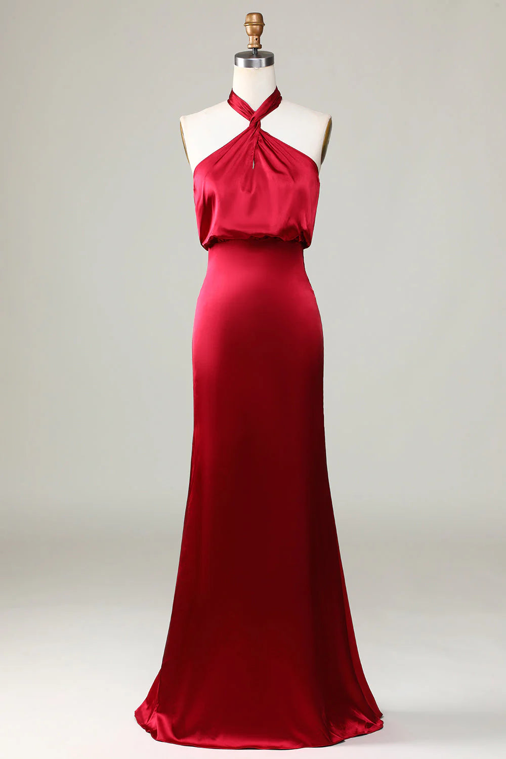 Red Satin Sheath/column Floor-Length Dress with Twisted Halter Neckline and Draped Bodice
