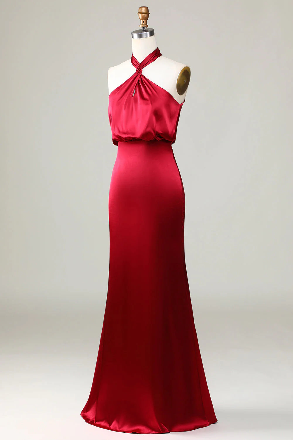 Red Satin Sheath/column Floor-Length Dress with Twisted Halter Neckline and Draped Bodice