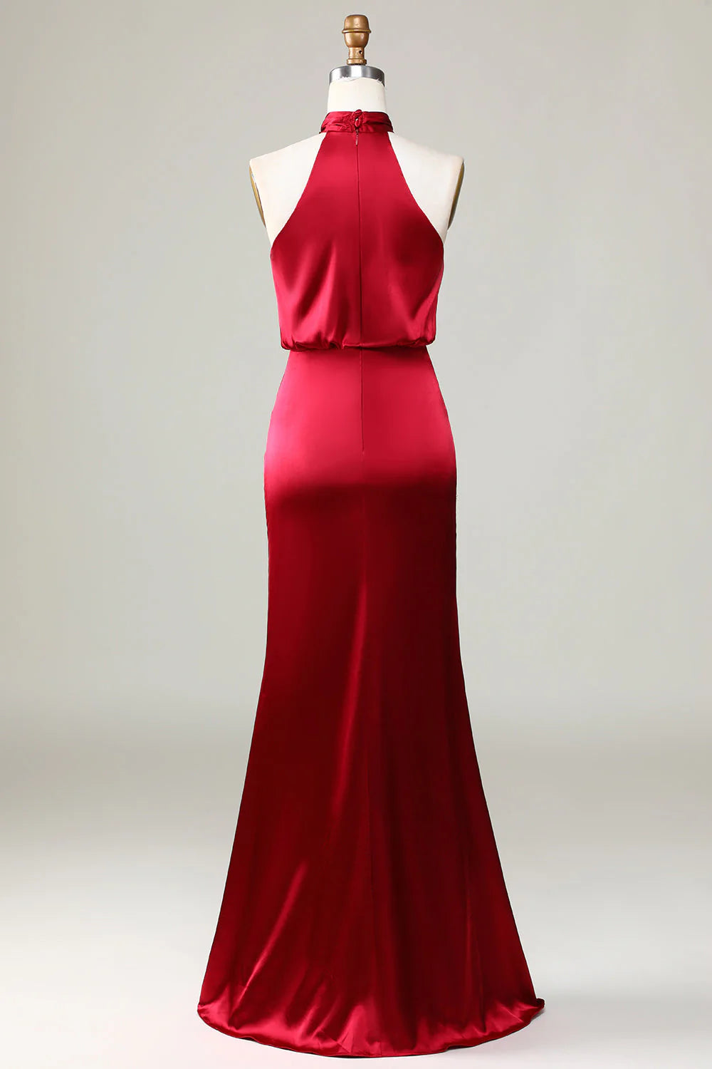 Red Satin Sheath/column Floor-Length Dress with Twisted Halter Neckline and Draped Bodice