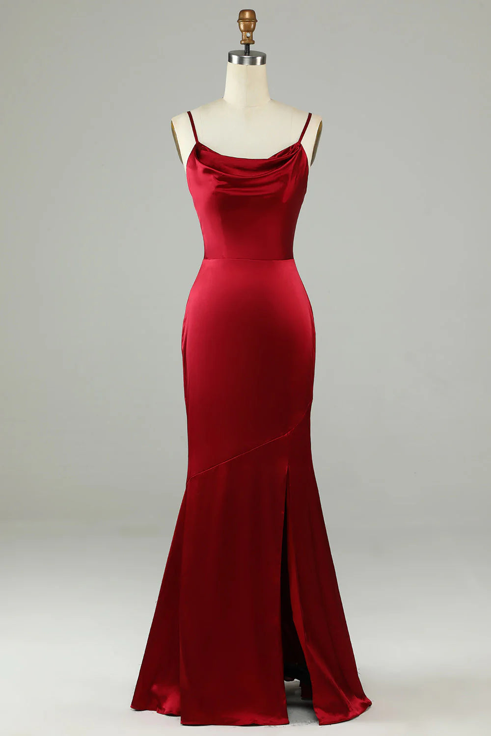 Red Satin Cowl Neck Sheath Floor-Length Dress with High Slit