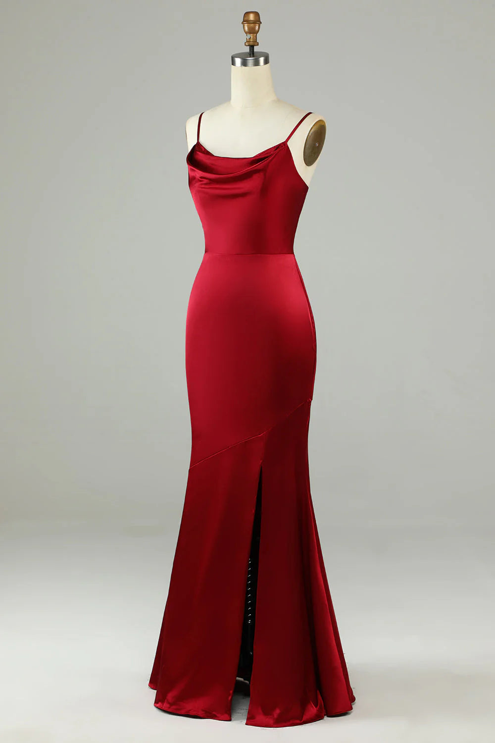 Red Satin Cowl Neck Sheath Floor-Length Dress with High Slit