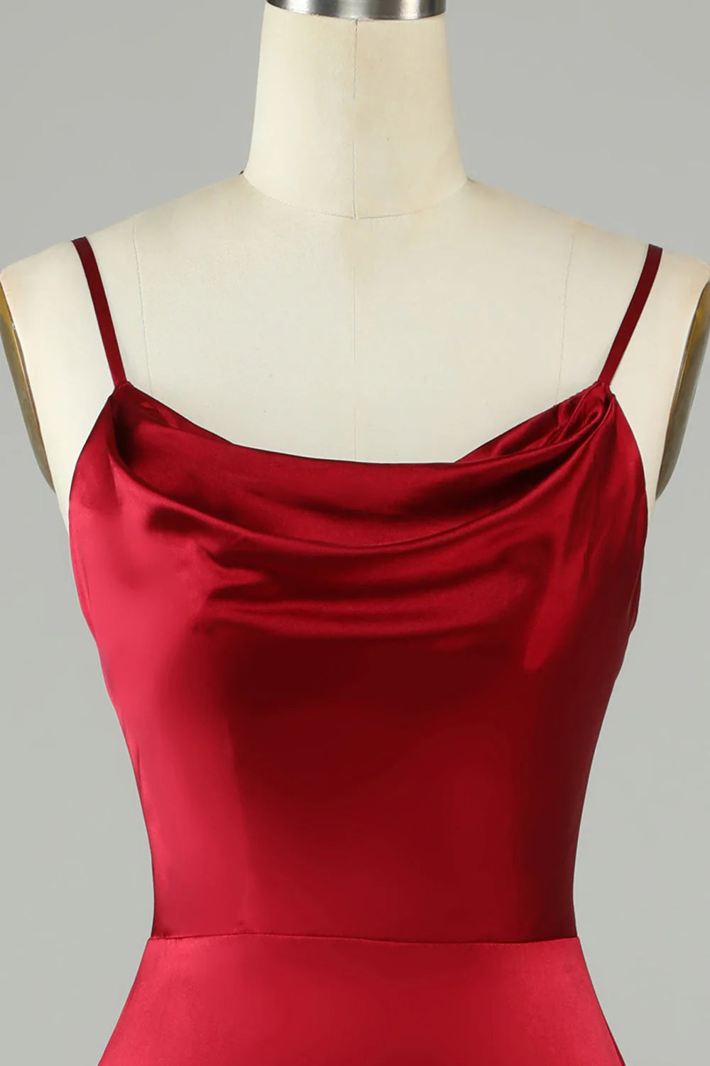 Red Satin Cowl Neck Sheath Floor-Length Dress with High Slit