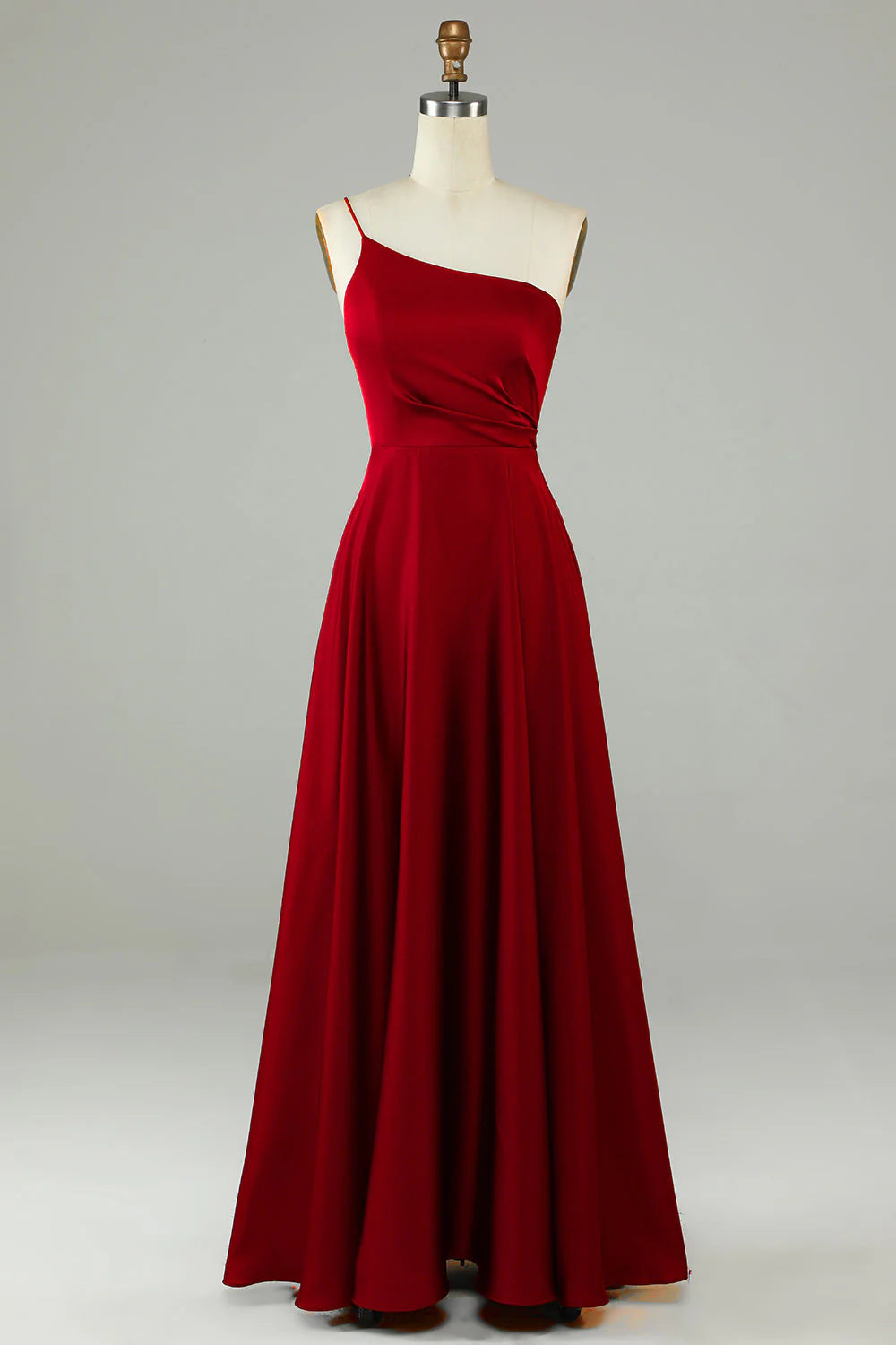 Burgundy Satin One Shoulder A-Line Floor-Length Bridesmaid Dress