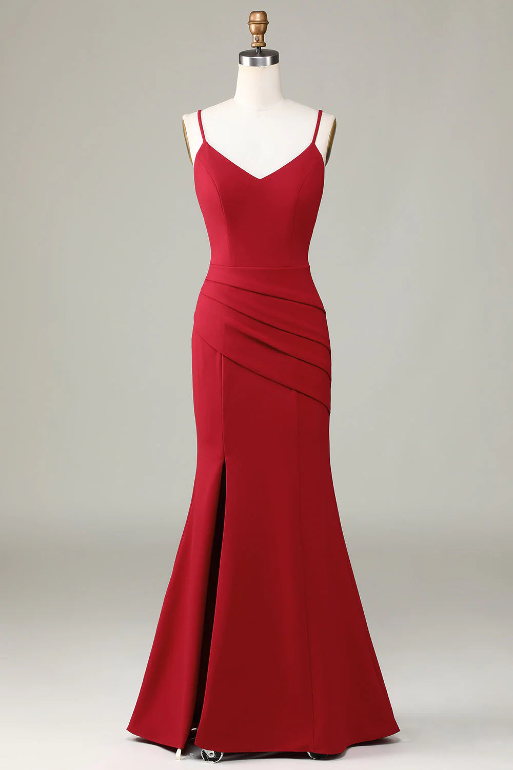 Red Crepe Mermaid Floor-Length V-Neck Dress