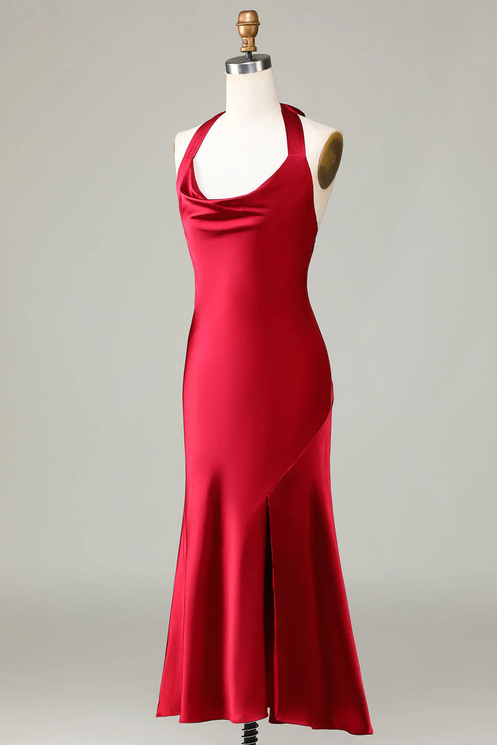 Red Satin Mermaid Floor-Length Evening Dress with Cowl Neckline and High Slit
