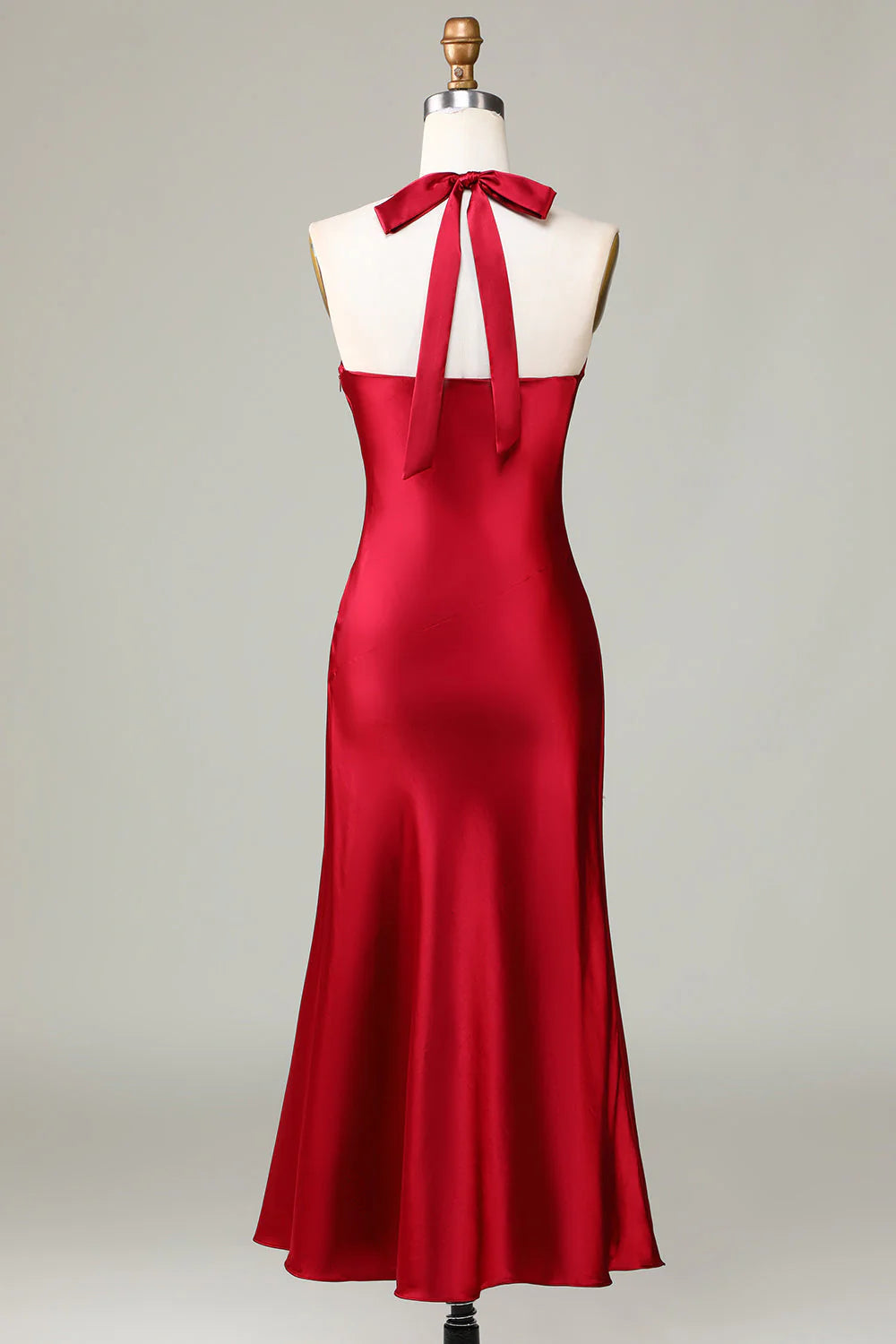 Red Satin Mermaid Floor-Length Evening Dress with Cowl Neckline and High Slit