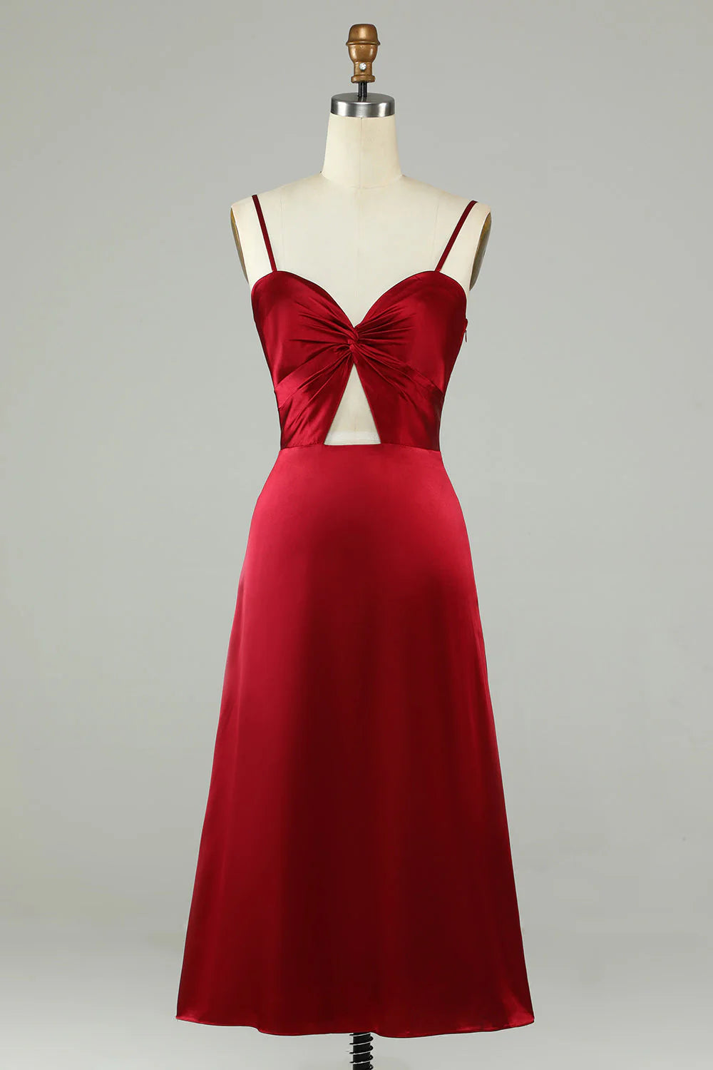 Burgundy Satin Twisted Bodice Midriff Cut-out A-Line Floor-Length Bridesmaid Dress
