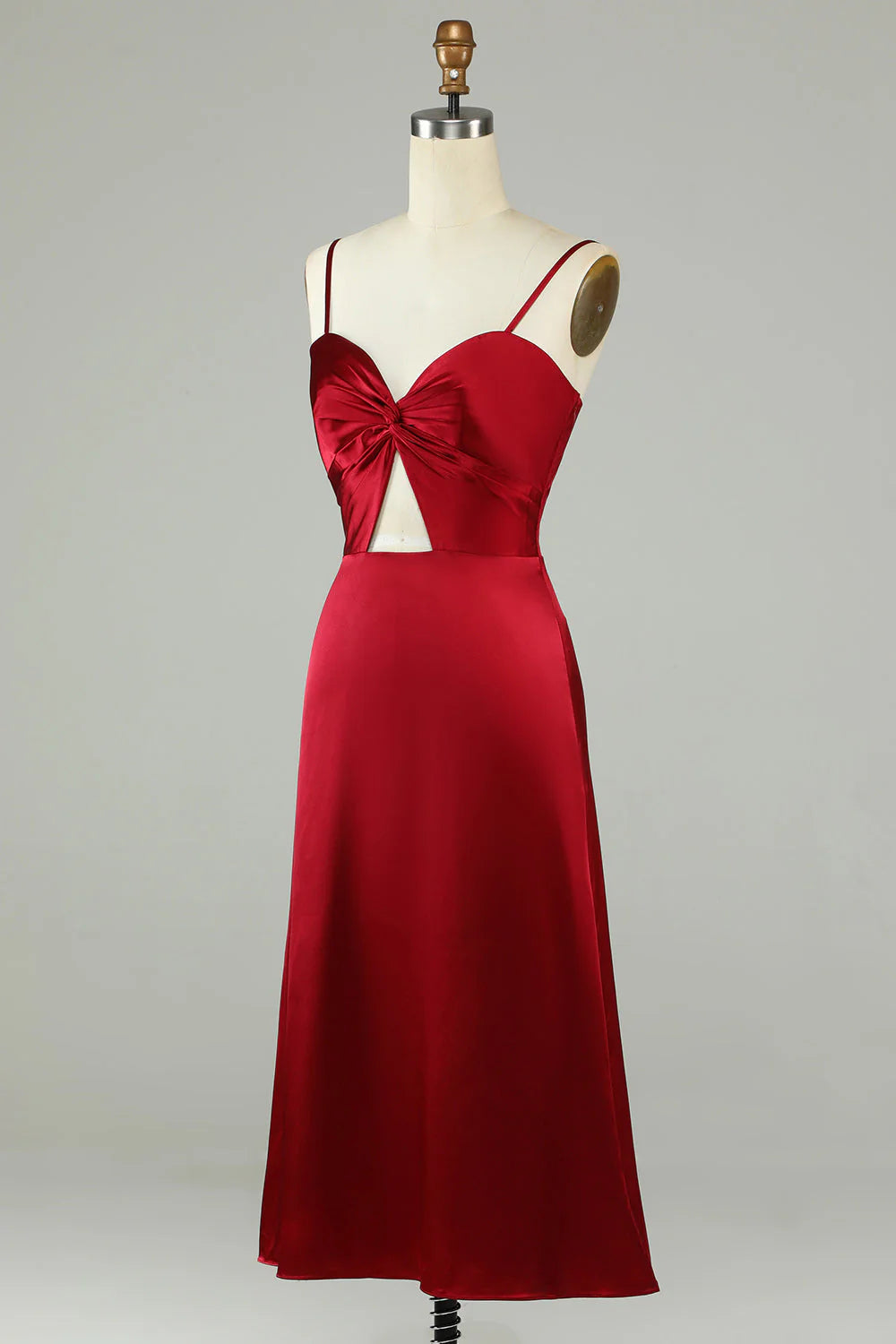 Burgundy Satin Twisted Bodice Midriff Cut-out A-Line Floor-Length Bridesmaid Dress