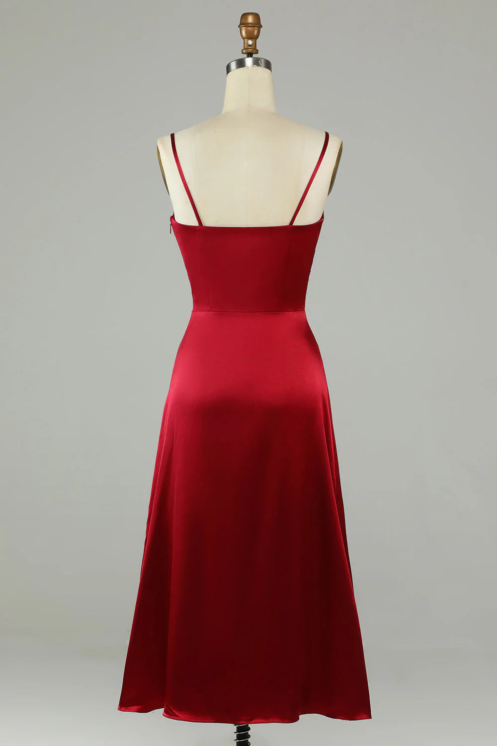 Burgundy Satin Twisted Bodice Midriff Cut-out A-Line Floor-Length Bridesmaid Dress
