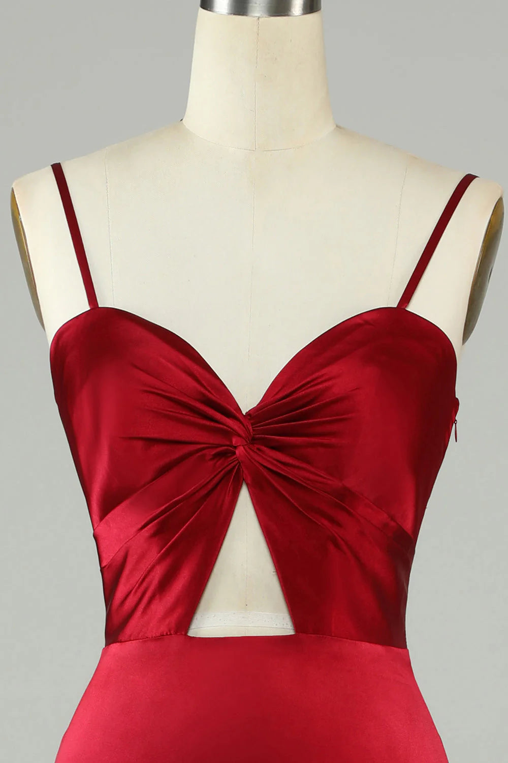 Burgundy Satin Twisted Bodice Midriff Cut-out A-Line Floor-Length Bridesmaid Dress