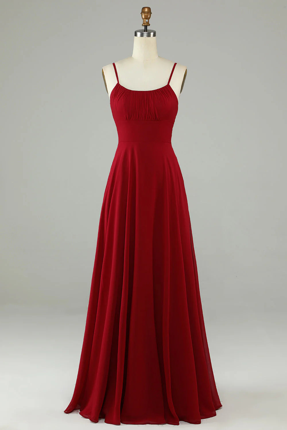 Burgundy Chiffon A-Line Floor-Length Bridesmaid Dress with Shirred Bodice and Spaghetti Straps