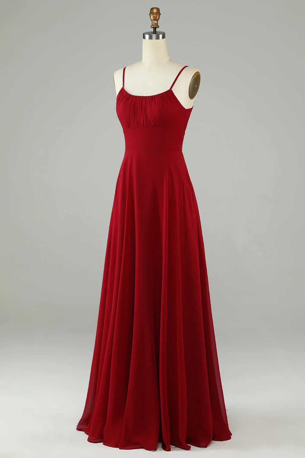 Burgundy Chiffon A-Line Floor-Length Bridesmaid Dress with Shirred Bodice and Spaghetti Straps