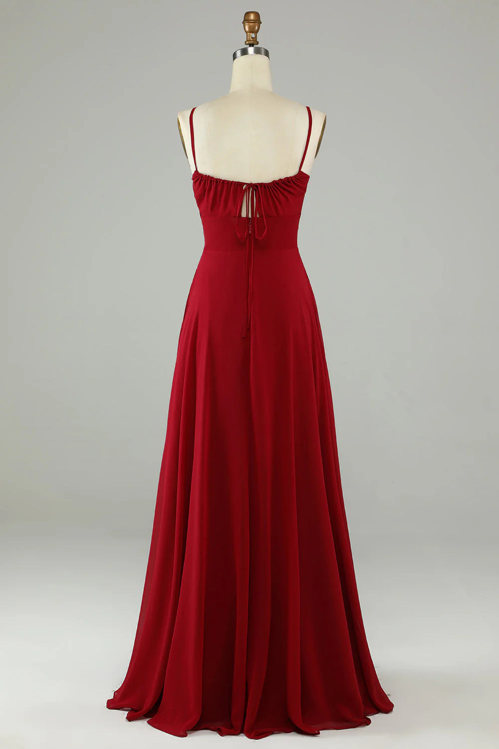 Burgundy Chiffon A-Line Floor-Length Bridesmaid Dress with Shirred Bodice and Spaghetti Straps